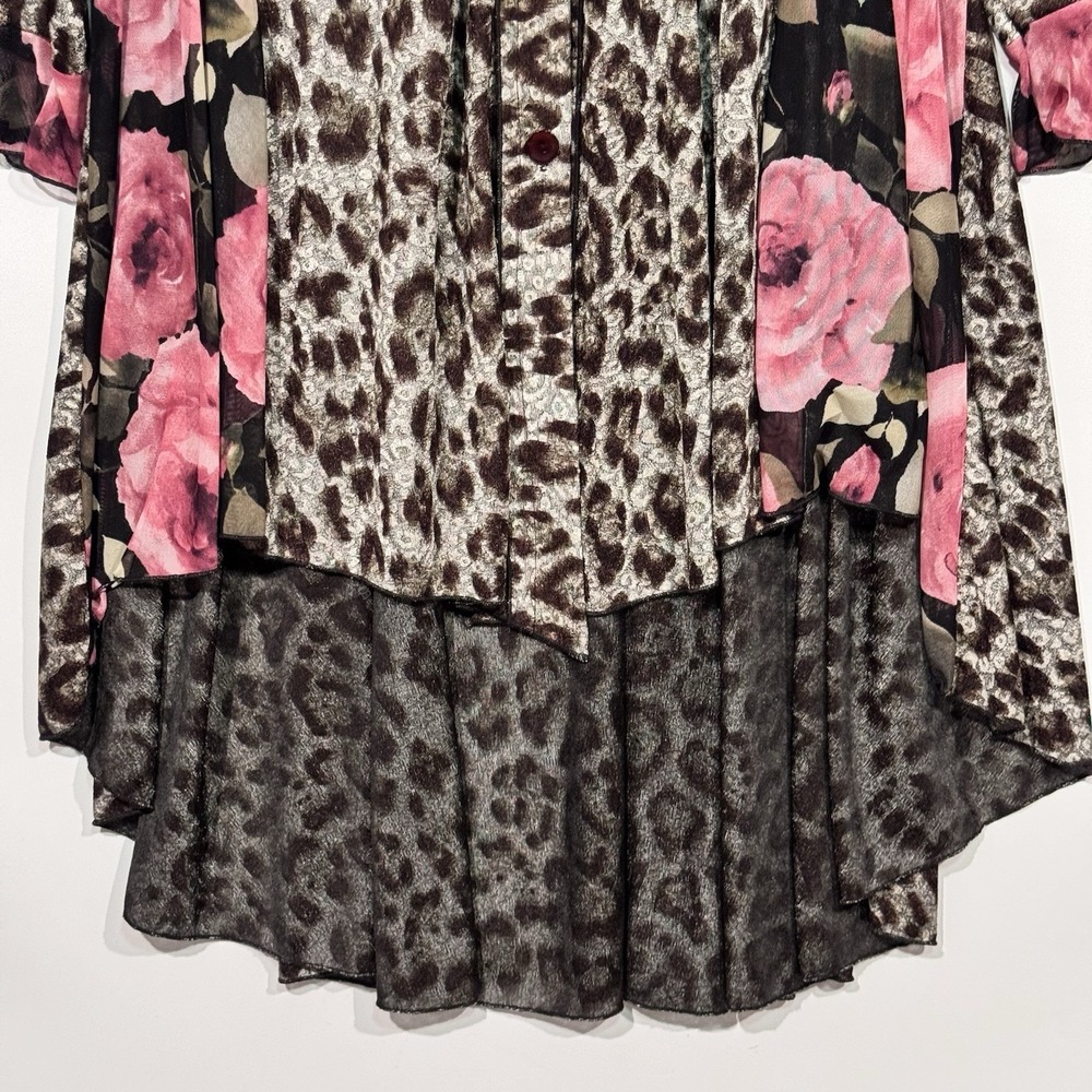 Sadie B's Top Womens Plus 3X Leopard Floral Button Up Tunic Hi Low Sheer - Picture 8 of 11